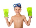 Funny boy in diving mask and flippers on hands Royalty Free Stock Photo