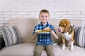 Funny boy with dog beagle eating fried potatoes with a hamburger