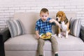 Funny boy with dog beagle eating fried potatoes with a hamburger