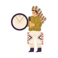 Funny Boy with Drum Playing Indian Dressed in Injun Costume with Feather Vector Illustration Royalty Free Stock Photo