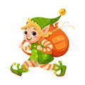 Funny Boy Elf Character with Pointed Ears Run with Sack with Gift Vector Illustration Royalty Free Stock Photo