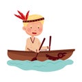 Funny Boy in Ethnic Indian Costume and Feathered Headdress Sailing Wooden Boat Vector Illustration Royalty Free Stock Photo
