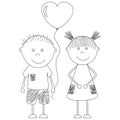 Funny boy and girl with a balloon in the shape of a heart. Theme of St. Valentine`s Day. Greeting card for lovers. Royalty Free Stock Photo