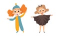 Funny Boy and Girl Dressed in Halloween Bat and Clown Costume Vector Illustration Set Royalty Free Stock Photo