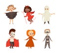 Funny Boy and Girl Dressed in Halloween Costume Vector Illustration Set Royalty Free Stock Photo