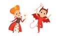 Funny Boy and Girl Dressed in Halloween Devil and Queen Costume Vector Illustration Set Royalty Free Stock Photo