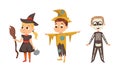 Funny Boy and Girl Dressed in Halloween Witch and Skeleton Costume Vector Illustration Set Royalty Free Stock Photo
