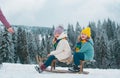 Funny boy and girl having fun with a sleigh in winter. Cute children playing in a snow. Winter activities for kids Royalty Free Stock Photo