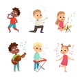 Funny Boy and Girl Playing Musical Instrument, Dancing and Singing Vector Set Royalty Free Stock Photo