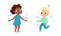Funny Boy and Girl Playing with Soap Bubbles Vector Set Royalty Free Stock Photo