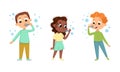 Funny Boy and Girl Playing with Soap Bubbles Vector Set Royalty Free Stock Photo