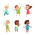 Funny Boy and Girl Playing with Soap Bubbles Vector Set Royalty Free Stock Photo