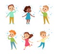 Funny Boy and Girl Playing with Soap Bubbles Vector Set Royalty Free Stock Photo