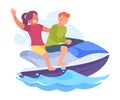 Funny Boy and Girl Riding Motor Boat Doing Water Sport Activity Vector Illustration