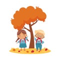 Funny Boy and Girl with Schoolbags Waving Hands Going Back to School in Autumn Season Vector Illustration Royalty Free Stock Photo