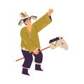 Funny Boy on Horse Stick Playing Indian Dressed in Injun Costume with Feather Vector Illustration
