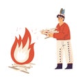 Funny Boy Near Fire with Firewoods Playing Indian Dressed in Injun Costume with Feather Vector Illustration