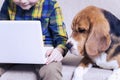 Funny boy playing a laptop with a beagle dog Royalty Free Stock Photo