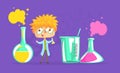 Funny Boy Scientist Character Experimenting with Mixing Chemicals in Lab or Chemistry Class Cartoon Vector Illustration