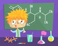 Funny Boy Scientist Experimenting with Mixing Chemicals in Lab, Child Studying in Chemistry Class Cartoon Vector