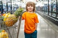 Funny boy with shopping cart full of fresh organic vegetables and fruits standing in grocery department of food store or Royalty Free Stock Photo