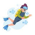 Funny Boy Snorkeling with Tube and Goggles Doing Water Sport Activity Vector Illustration Royalty Free Stock Photo