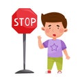 Funny Boy Standing Near Stop Road Sign Vector Illustration Royalty Free Stock Photo