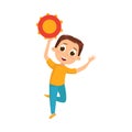 Funny Boy Standing and Playing Tambourine Vector Illustration