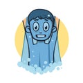 Funny boy under cold shower. Flat design icon. Flat vector illustration. Isolated on white background.