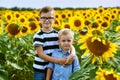 Funny boys on a walk in the field with sunflowers .