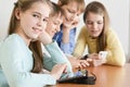 Funny boys and girls using digital devices together