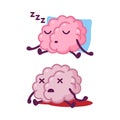 Funny Brain Character Dead Sitting in Blood and Sleeping Snoring with Pillow Vector Set