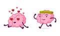 Funny Brain Character Jogging and Falling in Love Vector Set Royalty Free Stock Photo