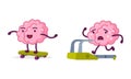 Funny Brain Character Skateboarding and Running on Treadmill Vector Set