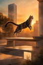 funny brave cat whisker jumping building to building at sunset, funny comic illustration