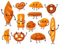 Funny bread characters, variety breads with cartoon faces. Bakery elements, toast and loaf. Breakfast comic croissant