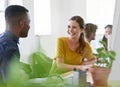 Funny, break or happy woman in office talking or speaking of a crazy story, gossip or news with black man. Joke, chat or Royalty Free Stock Photo