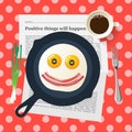 Funny breakfast, smiling face make with fried eggs