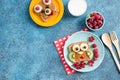 Funny breakfast toast for kids shaped as cute owl, dog. Food art sandwich for child. Isolated. Animal faces toasts with spreads, Royalty Free Stock Photo