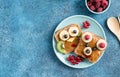 Funny breakfast toast for kids shaped as cute owl, dog. Food art sandwich for child. Isolated. Animal faces toasts with spreads, Royalty Free Stock Photo