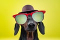 Funny breed dog dachshund, black and tan, with sun glasses and hat, yellow studio background, concept of dog emotions. Backgroun