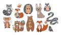 Funny breeding animals. Forest animal cub, cute wild fox, bear and cute bunny, funny owl. Hedgehog with beaver.