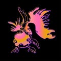 Funny bright colored goldfish in doodle style drawn by hand on black.