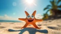 Funny bright minimalistic summer travel or vacation background with funny starfish on exotic beach. Ai generated