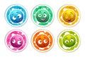 Funny bright round stickers with cartoon fluffy monsters.