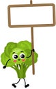 Funny broccoli mascot holding a blank signboard