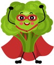 Funny broccoli mascot in traditional costume of superhero
