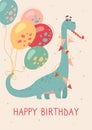 Funny brontosaurus on a greeting card. Dino plays a festive melody. Feast of dinosaurs, buntings and balloons. Funny