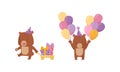 Funny Brown Bear Wearing Birthday Hat Holding Bunch of Balloons and Pulling Trolley with Wrapped Gift Boxes Vector Set Royalty Free Stock Photo