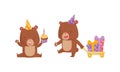 Funny Brown Bear Wearing Birthday Hat Holding Cupcake and Pulling Trolley with Wrapped Gift Boxes Vector Set Royalty Free Stock Photo